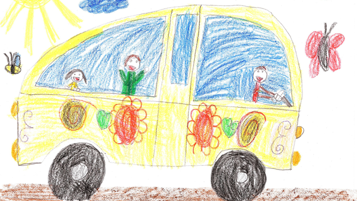 A child's drawing of a yellow school bus.