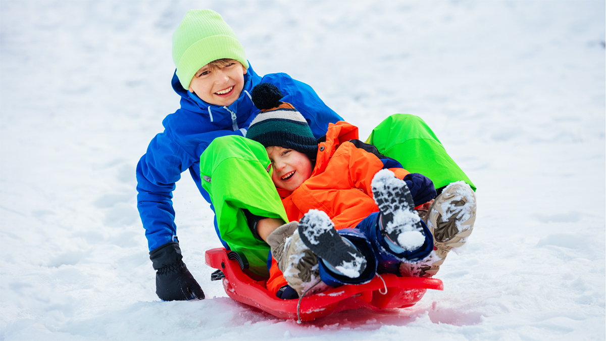 Two happy boys, brothers slide downhill on red sled.