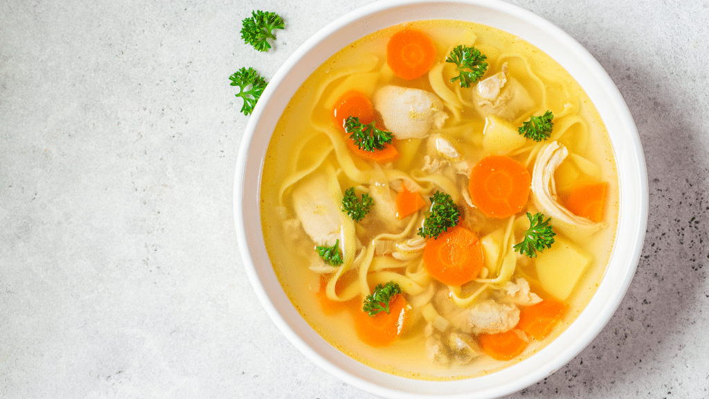a bowl of chicken noodle soup