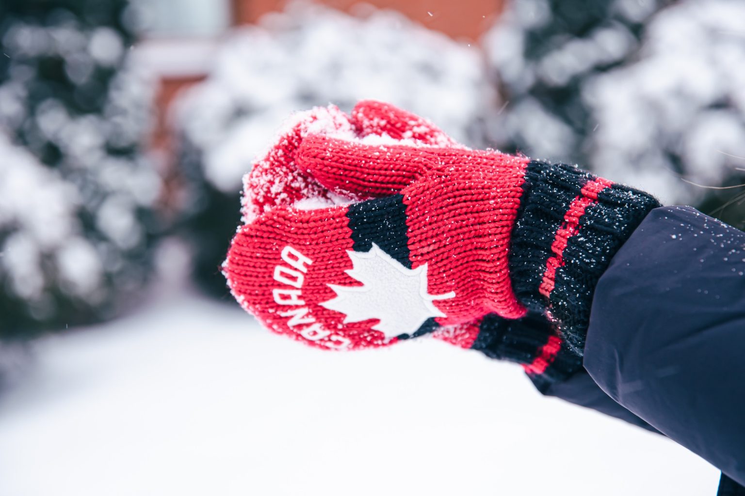 photo of Canadian Olympic Themed Red and White Mittens holding a snowball